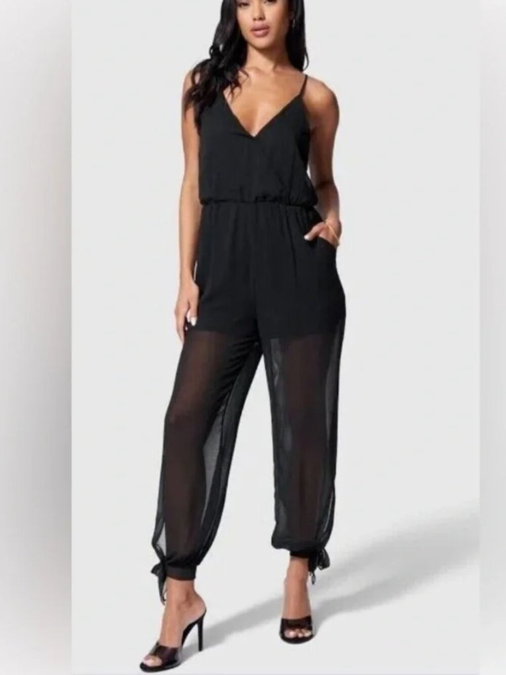 Bebe black V-Neck Slit Leg Chiffon Jumpsuit ankle tie XXS 2XS New